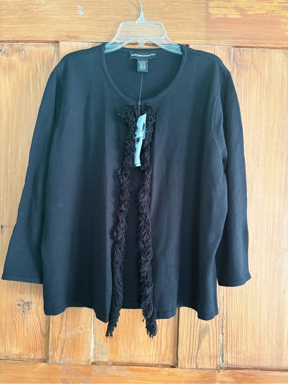NWT Norton McNaughton Black Fringe-Trim Cardigan Sweater Size Large L